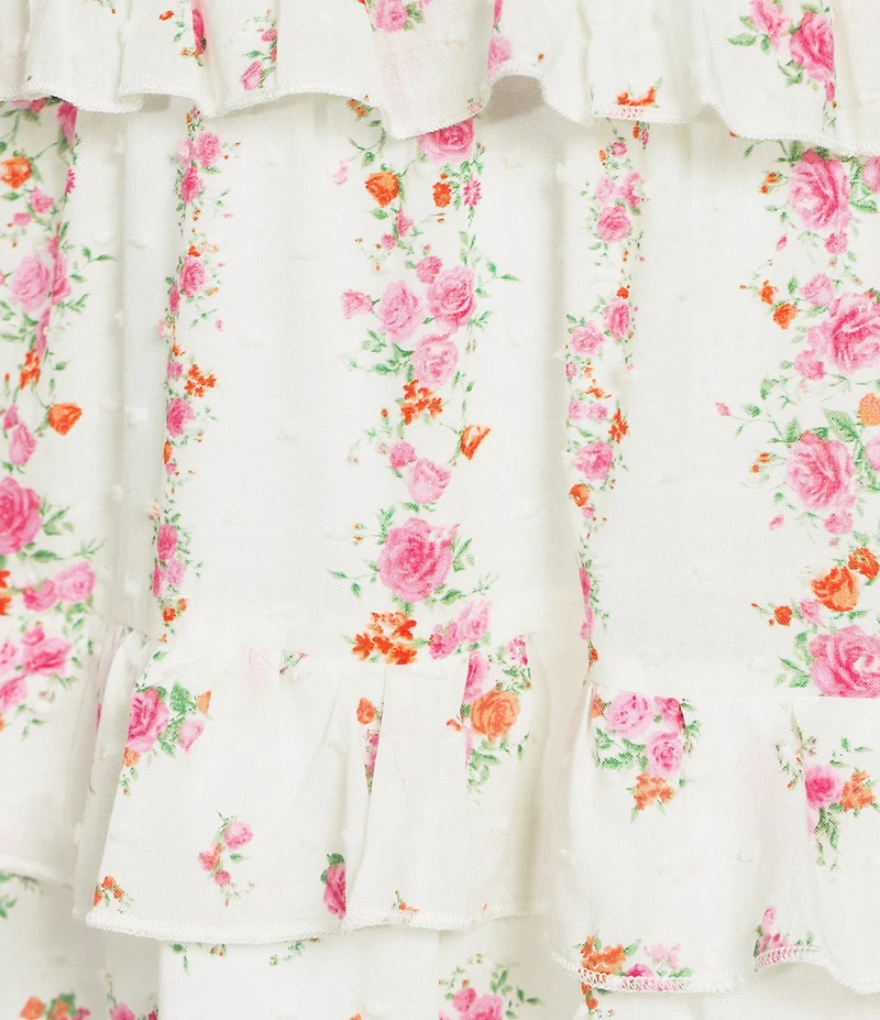 Allison & Kelly Floral Printed Clip Dot Sweetheart Neck Short Puff Sleeve Tiered Ruffle Maxi Dress