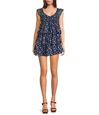 Allison & Kelly Floral Printed Flutter Sleeve Smocked Tiered Ruffle Mini Dress