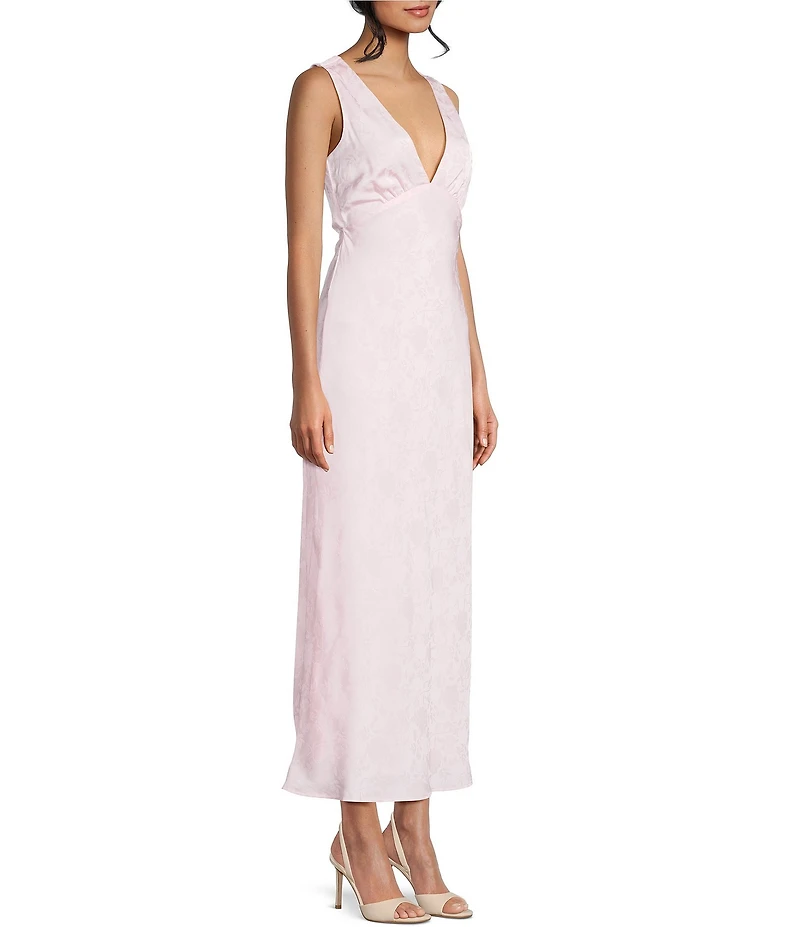 Allison & Kelly Floral Printed Jacquard V-Neck Drape Back Ballgown