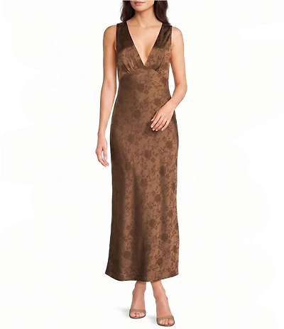 Allison & Kelly Floral Printed Jacquard V-Neck Drape Back Midi Dress
