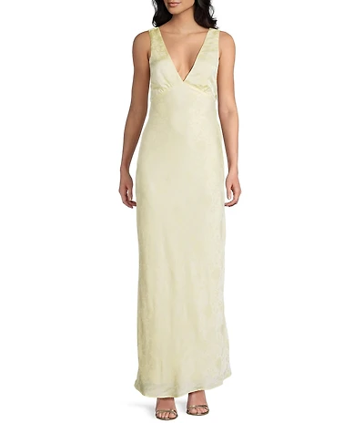 Allison & Kelly Floral Printed Jacquard V-Neck Drape Back Ballgown