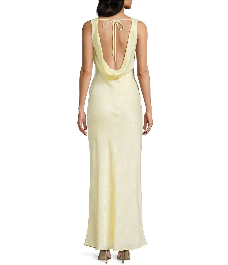 Allison & Kelly Floral Printed Jacquard V-Neck Drape Back Ballgown