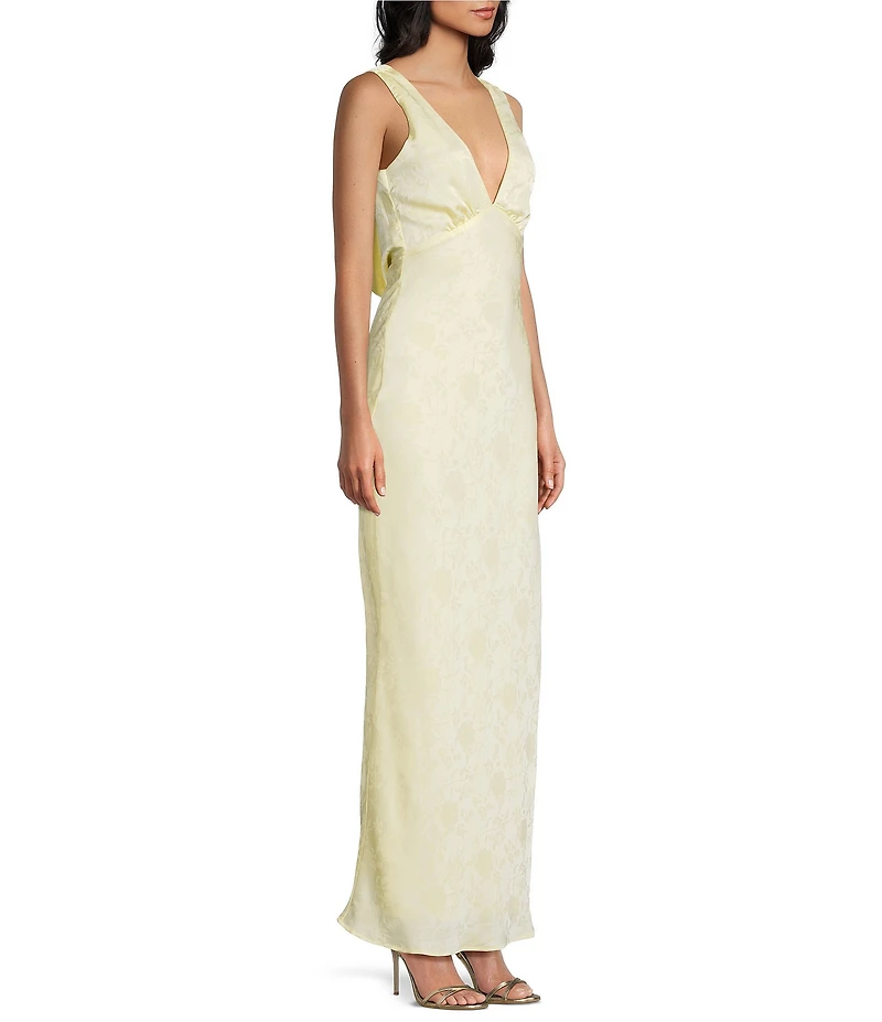 Allison & Kelly Floral Printed Jacquard V-Neck Drape Back Ballgown
