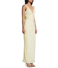 Allison & Kelly Floral Printed Jacquard V-Neck Drape Back Ballgown