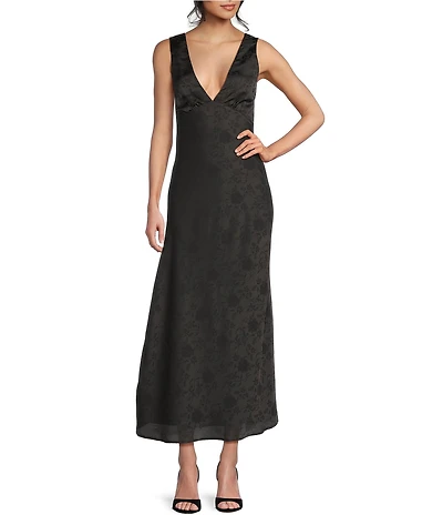 Allison & Kelly Floral Printed Jacquard V-Neck Drape Back Ballgown