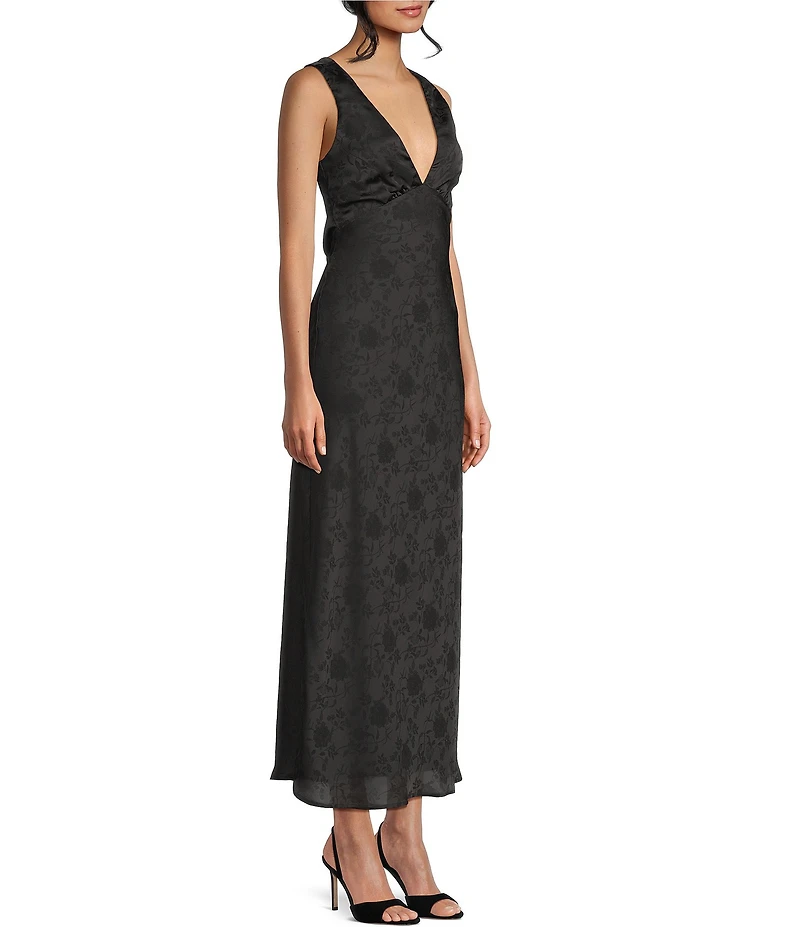 Allison & Kelly Floral Printed Jacquard V-Neck Drape Back Ballgown