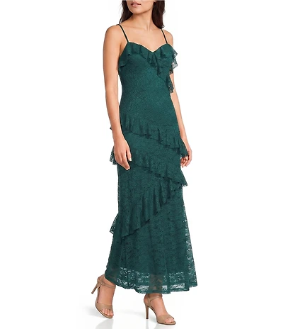Allison & Kelly Floral Printed Lace Sweetheart Neck Asymmetrical Ruffle Maxi Dress