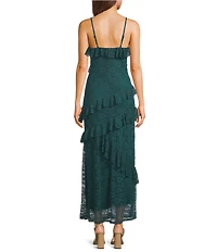 Allison & Kelly Floral Printed Lace Sweetheart Neck Asymmetrical Ruffle Maxi Dress