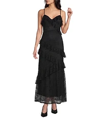 Allison & Kelly Floral Printed Lace Sweetheart Neck Asymmetrical Ruffle Maxi Dress