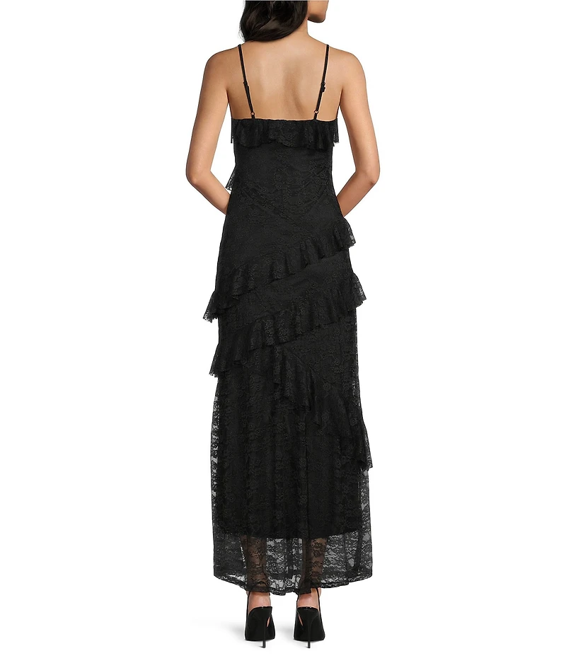 Allison & Kelly Floral Printed Lace Sweetheart Neck Asymmetrical Ruffle Maxi Dress
