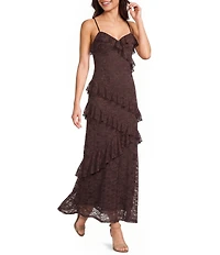 Allison & Kelly Floral Printed Lace Sweetheart Neck Asymmetrical Ruffle Maxi Dress