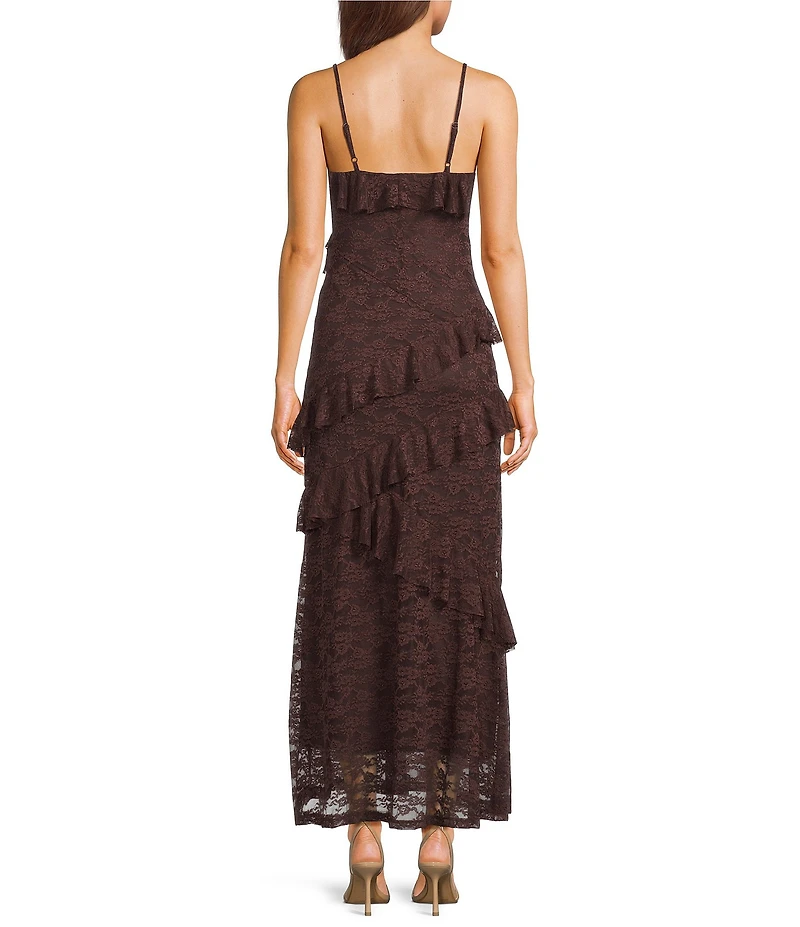 Allison & Kelly Floral Printed Lace Sweetheart Neck Asymmetrical Ruffle Maxi Dress