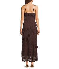 Allison & Kelly Floral Printed Lace Sweetheart Neck Asymmetrical Ruffle Maxi Dress