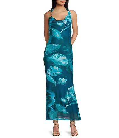 Allison & Kelly Floral Printed Mesh Halter Neck Drape Neck Maxi Dress