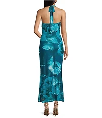 Allison & Kelly Floral Printed Mesh Halter Neck Drape Neck Maxi Dress