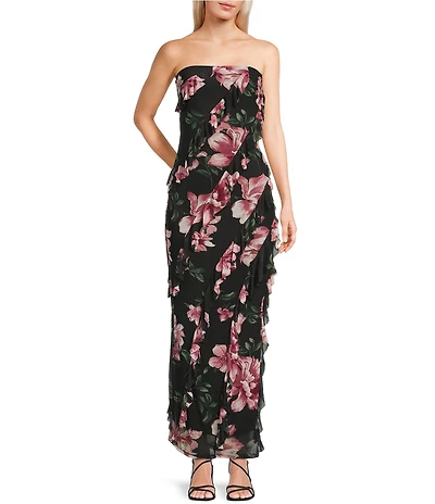 Allison & Kelly Floral Printed Mesh Strapless Ruffle Long Dress