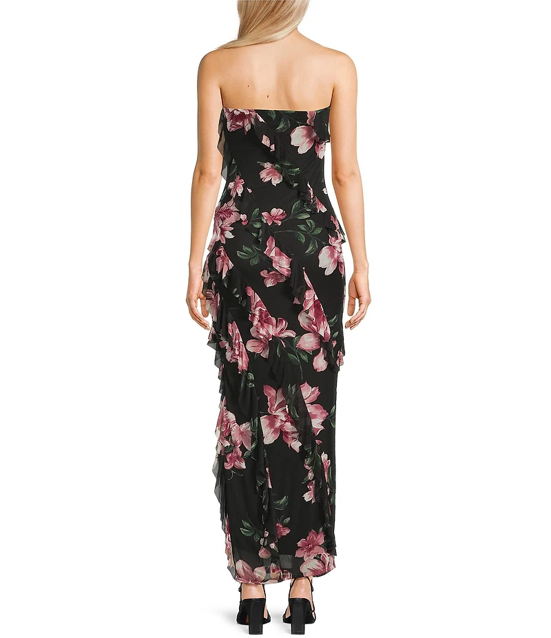 Allison & Kelly Floral Printed Mesh Strapless Ruffle Long Dress