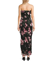 Allison & Kelly Floral Printed Mesh Strapless Ruffle Long Dress
