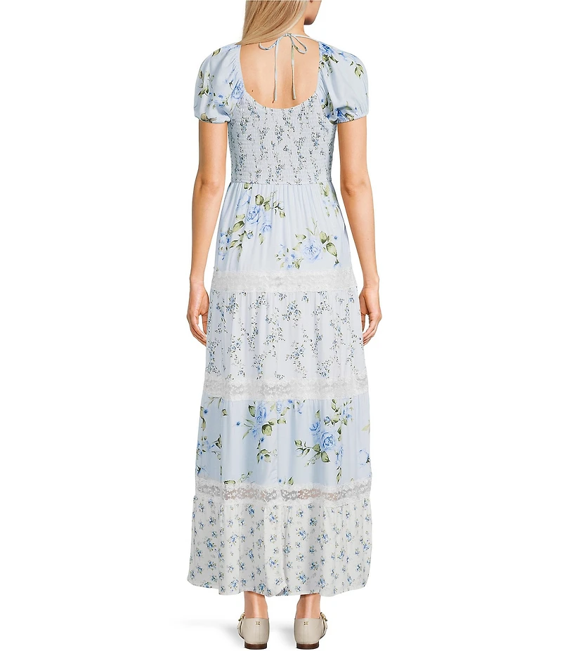 Allison & Kelly Floral Printed Mixed Media Short Puff Sleeve V-Neck Lace Trim Tie Back Maxi Dress