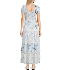 Allison & Kelly Floral Printed Mixed Media Short Puff Sleeve V-Neck Lace Trim Tie Back Maxi Dress