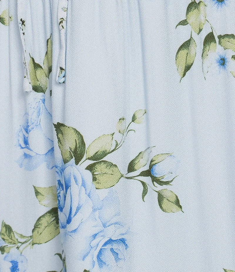 Allison & Kelly Floral Printed Mixed Media Short Puff Sleeve V-Neck Lace Trim Tie Back Maxi Dress