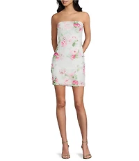 Allison & Kelly Floral Printed Soutache Tulle Strapless Bow Back Dress