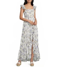 Allison & Kelly Floral Printed Square Neck Flutter Sleeve High-Low Ruffle Hem Dress