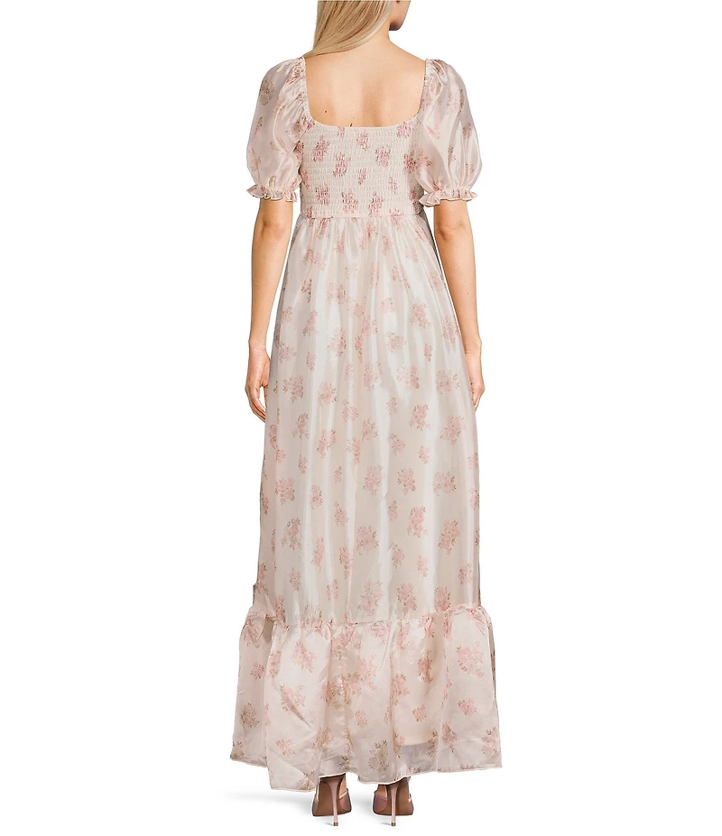 Allison & Kelly Floral Printed Sweetheart Neck Puff Sleeve Ruffle Side Slit Maxi Dress