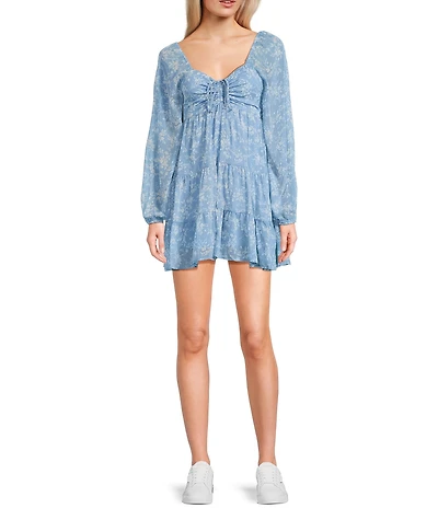 Allison & Kelly Floral Printed Tie Front Long Sleeve Tiered Dress