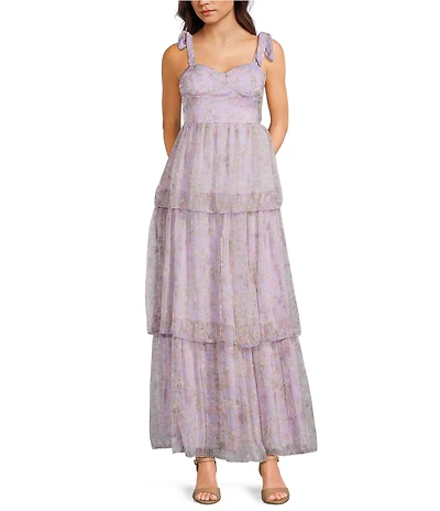 Allison & Kelly Floral Printed Tie Shoulder Sweetheart Neck Tiered Ruffle Maxi Dress