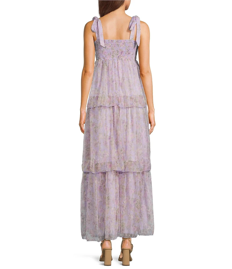 Allison & Kelly Floral Printed Tie Shoulder Sweetheart Neck Tiered Ruffle Maxi Dress