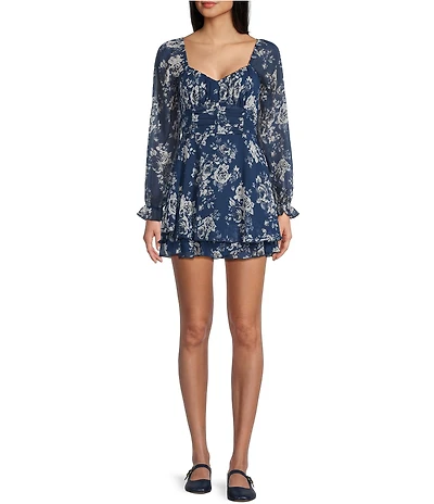 Allison & Kelly Floral Printed V-Neck Corseted Waist Long Sleeve Dress