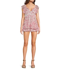 Allison & Kelly Floral Printed V-Neck Flutter Sleeve Tiered Romper