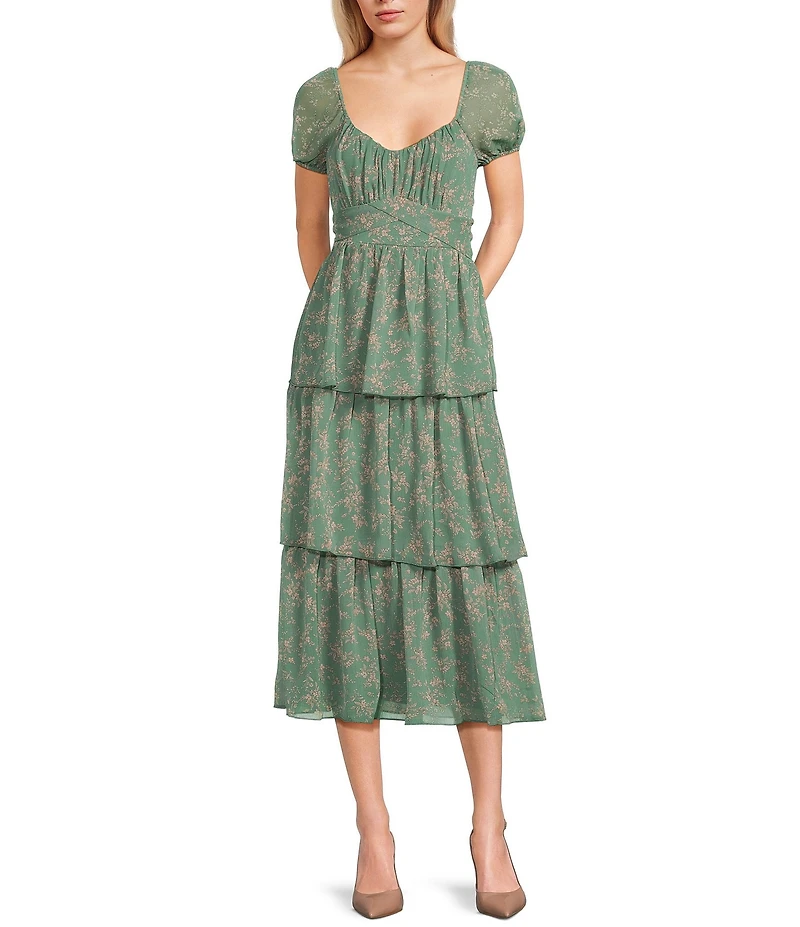 Allison & Kelly Floral Printed V-Neck Short Puff Sleeve Cross Waist Tiered Midi Dress