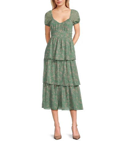 Allison & Kelly Floral Printed V-Neck Short Puff Sleeve Cross Waist Tiered Midi Dress