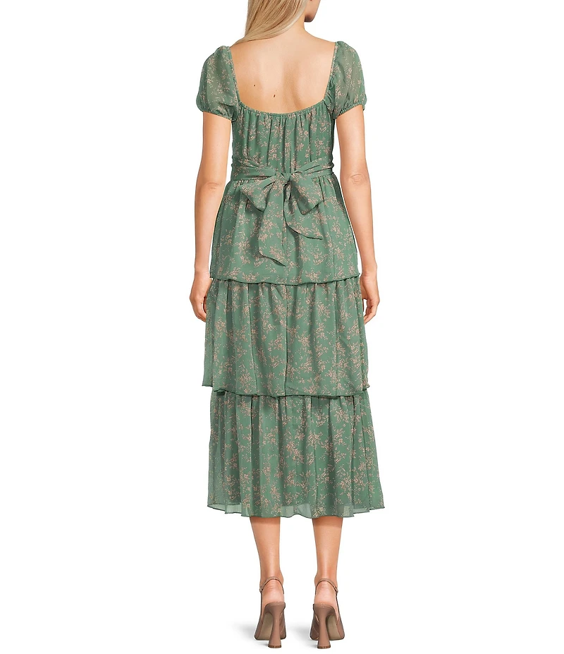 Allison & Kelly Floral Printed V-Neck Short Puff Sleeve Cross Waist Tiered Midi Dress