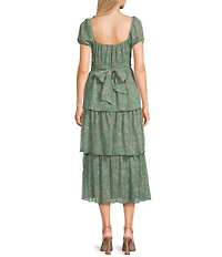 Allison & Kelly Floral Printed V-Neck Short Puff Sleeve Cross Waist Tiered Midi Dress