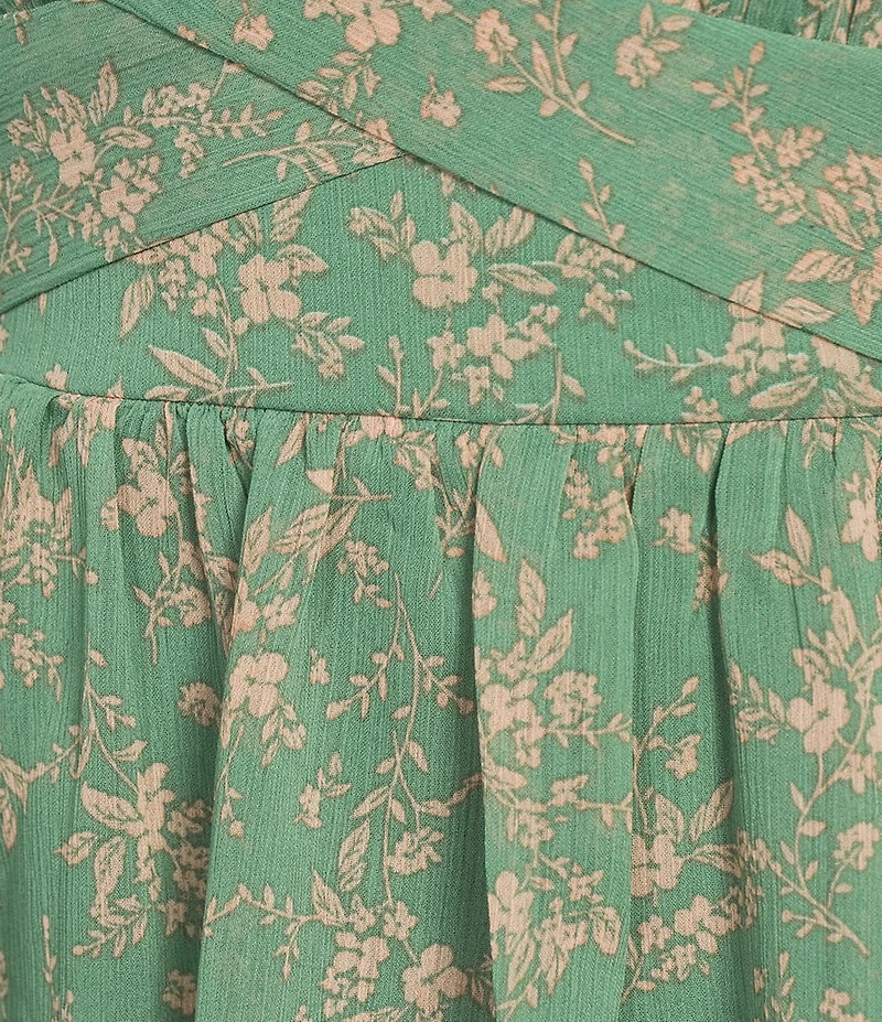 Allison & Kelly Floral Printed V-Neck Short Puff Sleeve Cross Waist Tiered Midi Dress