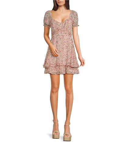Allison & Kelly Floral Printed V-Neck Short Sleeve Cross Waist Fit And Flare Dress