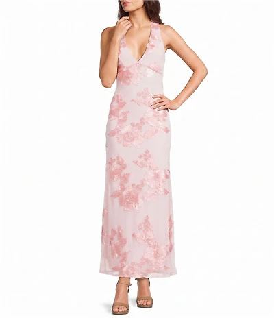 Allison & Kelly Floral Soutache Embroidered Halter V-Neck Maxi Dress