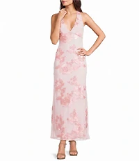 Allison & Kelly Floral Soutache Embroidered Halter V-Neck Maxi Dress