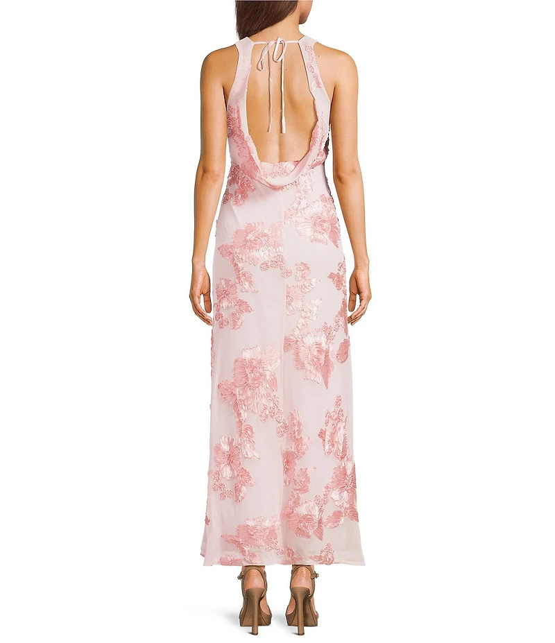 Allison & Kelly Floral Soutache Embroidered Halter V-Neck Maxi Dress