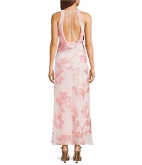 Allison & Kelly Floral Soutache Embroidered Halter V-Neck Maxi Dress