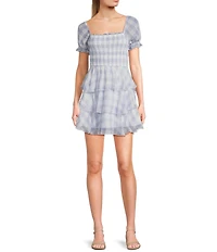 Allison & Kelly Gingham Short Puff Sleeve Smocked Tiered Dress