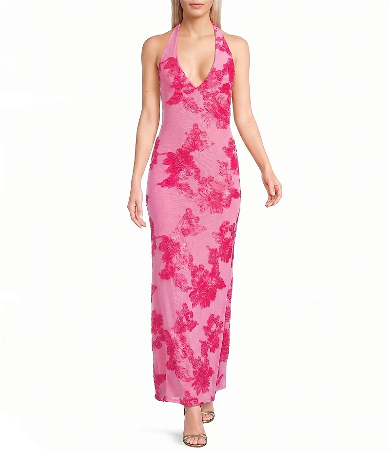 Allison & Kelly Halter V-Neck Floral Soutache Embroidered Dress