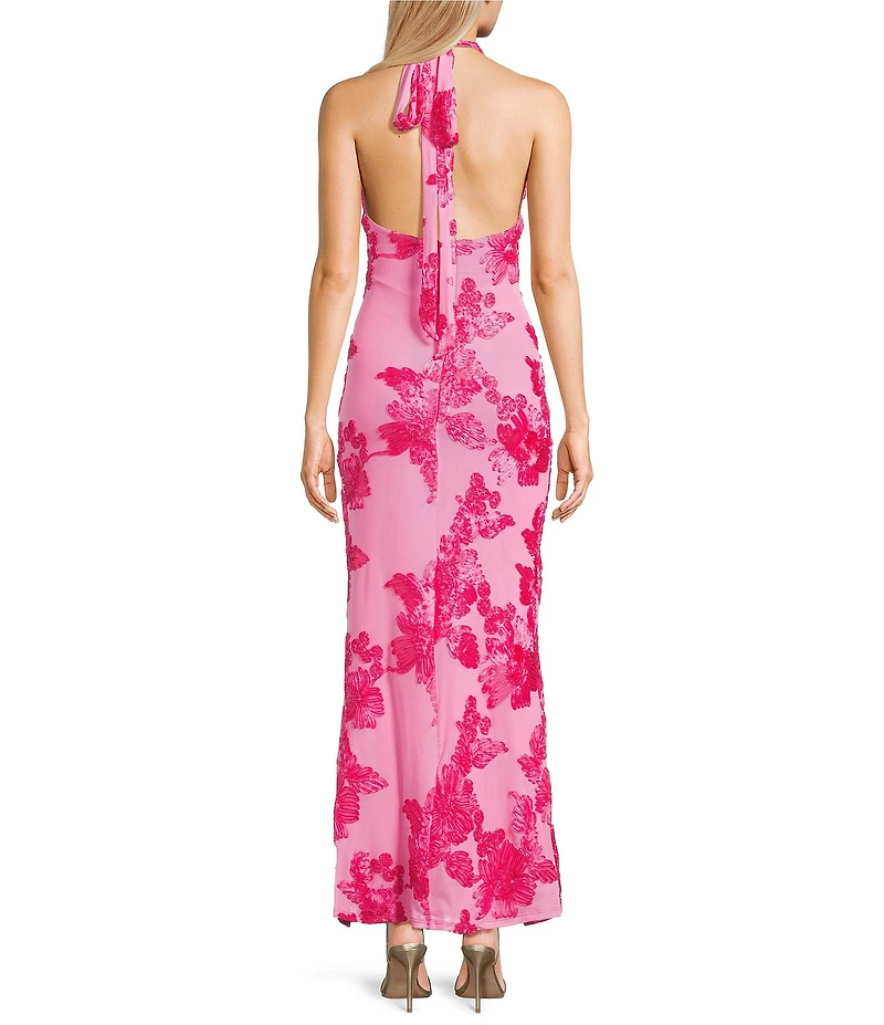 Allison & Kelly Halter V-Neck Floral Soutache Embroidered Dress