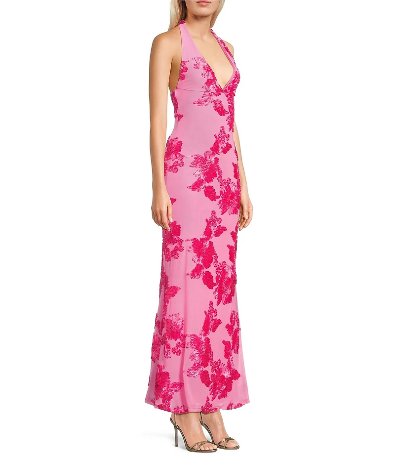 Allison & Kelly Halter V-Neck Floral Soutache Embroidered Dress
