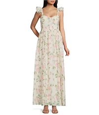 Allison & Kelly Linen Blend Floral Printed Sweetheart Neck Flutter Sleeve Maxi Dress