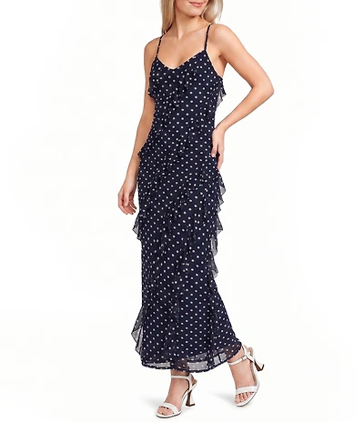 Allison & Kelly Mesh Polka Dot Asymmetrical Ruffled Criss Cross Back Maxi Dress