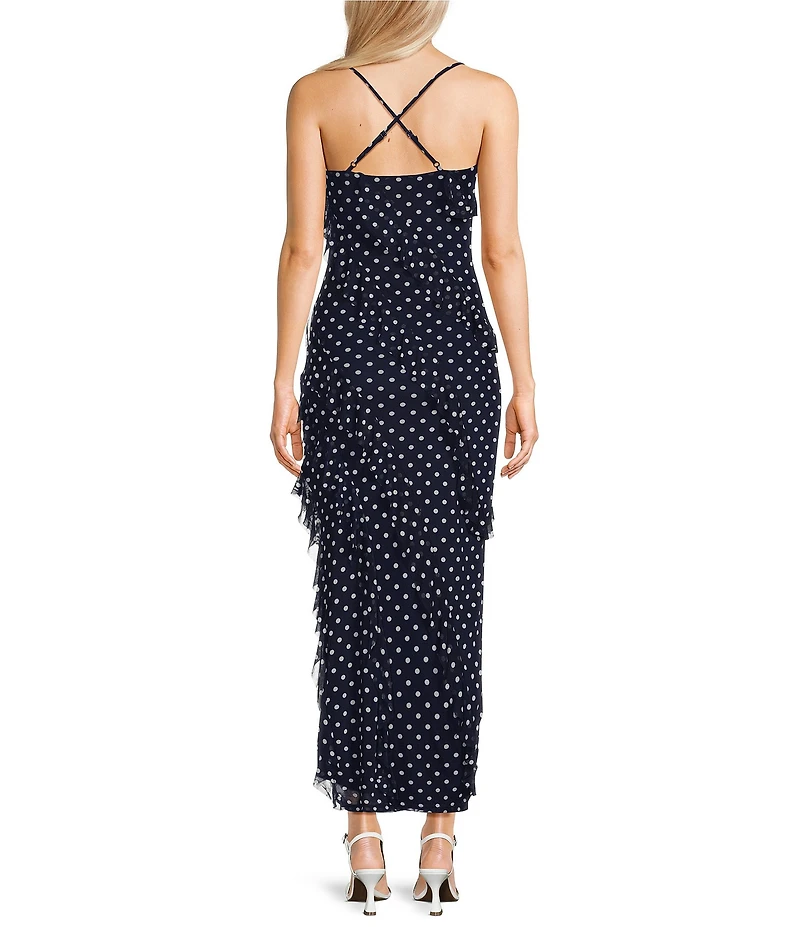 Allison & Kelly Mesh Polka Dot Asymmetrical Ruffled Criss Cross Back Maxi Dress